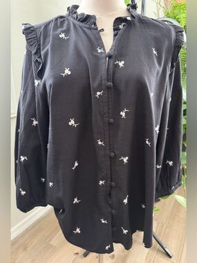 LC Lauren Conrad Black Ruffle-Trim Embroidered Button Front Blouse